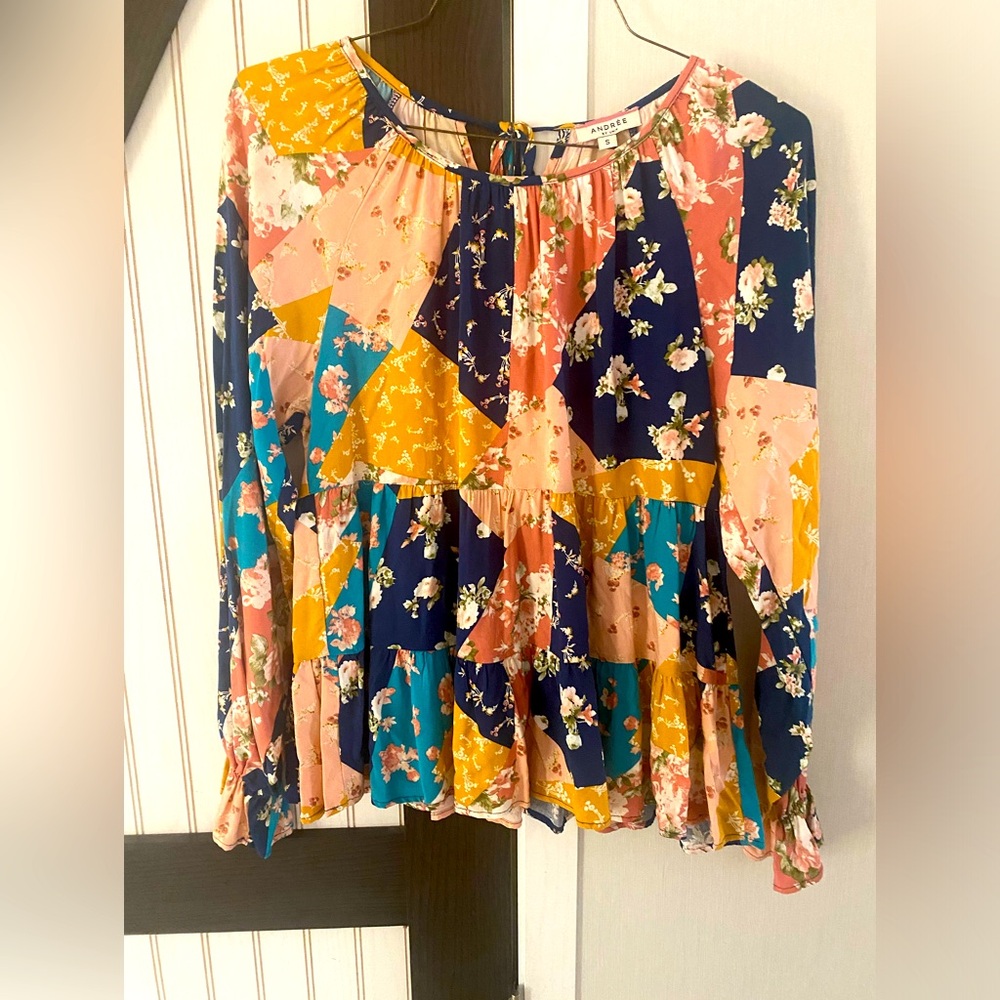 Andree By‎ Unit Womens Blouse Top Cottage Prairie S Blue Pink Floral Long Sleeve